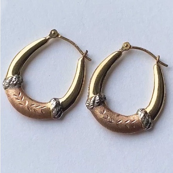 Vintage 14K Solid Gold Tricolor Puff Hoop Engraved Earrings JCM Jacmel Mauritius